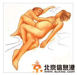 女子侧躺，男子从后方进入她身体，身体紧贴女子。这个姿势的优点在于不对女子腹部造成任何压力，对于孕期后阶段的妇女特别适用。男子应亲密搂抱女子，爱抚她的乳房，亲吻她的肩膀、颈部和背部。
