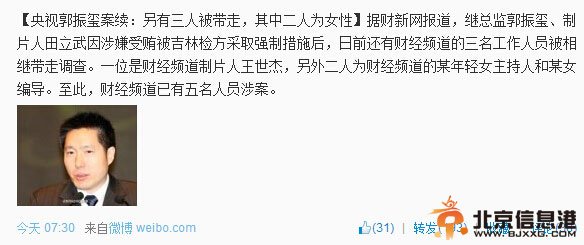 央视郭振玺案另有3人被带走 1人为年轻女主持