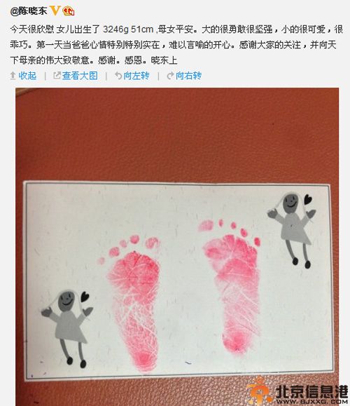 陈晓东喜得爱女升级当爸爸 微博晒脚印报平安揭女儿照片名字