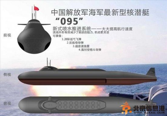 外媒称，解放军到2020年将拥有6至8艘潜艇，鉴于目前解放军海军现役两艘“商”级核潜艇，且正在建造四艘改良型“商”级核潜艇以取代“汉”级核潜艇，所以可能意味着两艘091型核潜艇有可能会继续服役，或是到2020年时解放军海军建造两艘095型核潜艇。资料图：中国海军095核潜艇示意图。