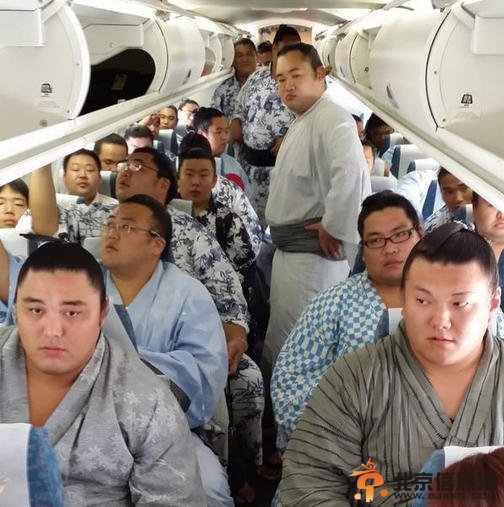 日本相扑选手集体坐飞机 网友：明显超载