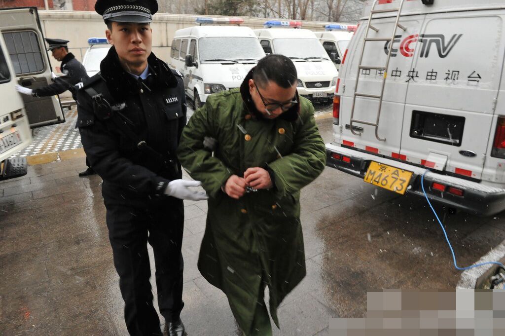 尹相杰穿军绿色大衣进入法庭受审